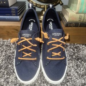 Sperry Navy Canvas Slip-On Flats with Tan Laces